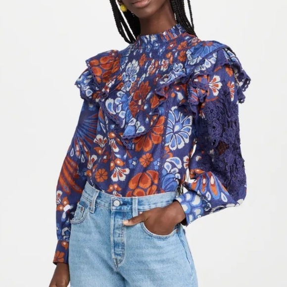 FARM RIO Smocked Pineapple Flowers Navy Blue Blouse Size Small - Picture 5 of 13